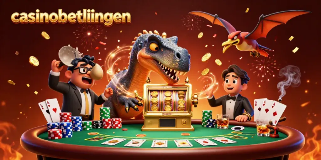 Engaging scene depicting casinobetalingen with cartoon dinosaurs in a lively casino setting.