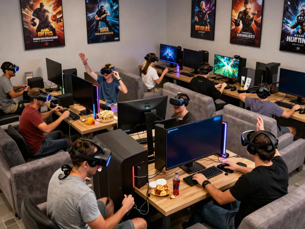 Dynamic gaming scene showcasing excitement at https://manclub1.jp.net/ with diverse players enjoying gaming consoles and VR.