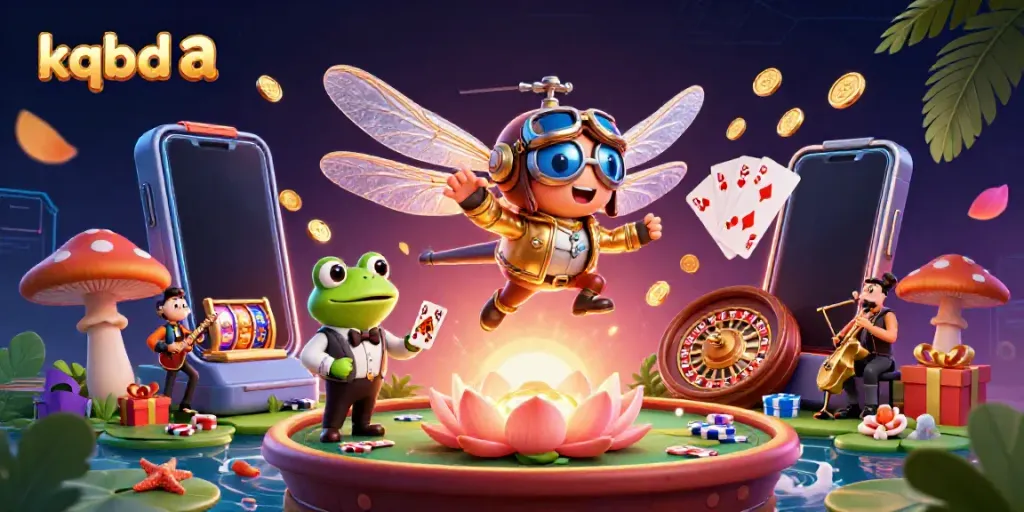 Engaging scene of kqbd a with a dragonfly helicopter pilot, a frog croupier, and jazz musicians in a vibrant casino setting.
