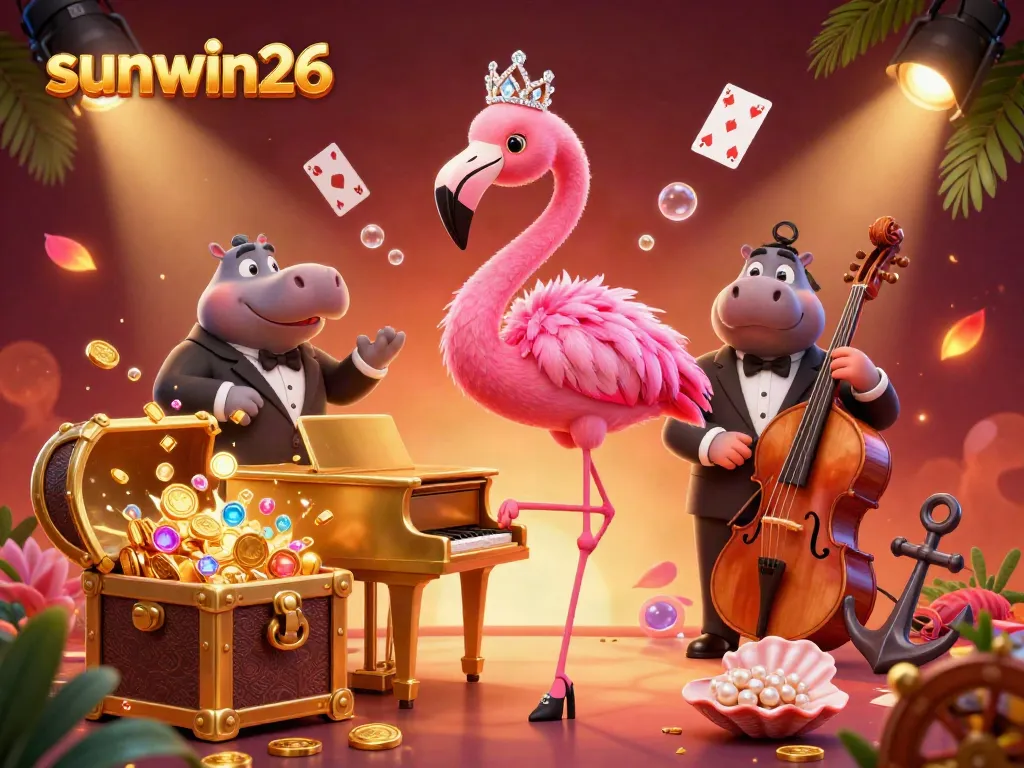 Experience the thrill of sunwin26 with vibrant casino ambiance featuring musicians and game elements.