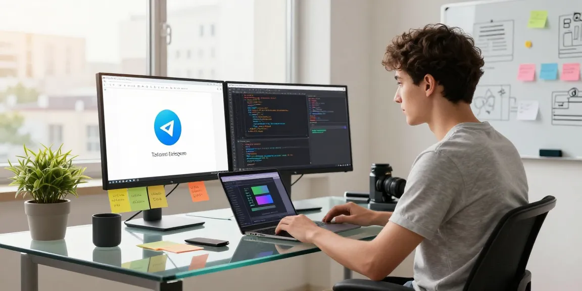 Download Telegram on a developer's dual monitor setup in a modern workspace