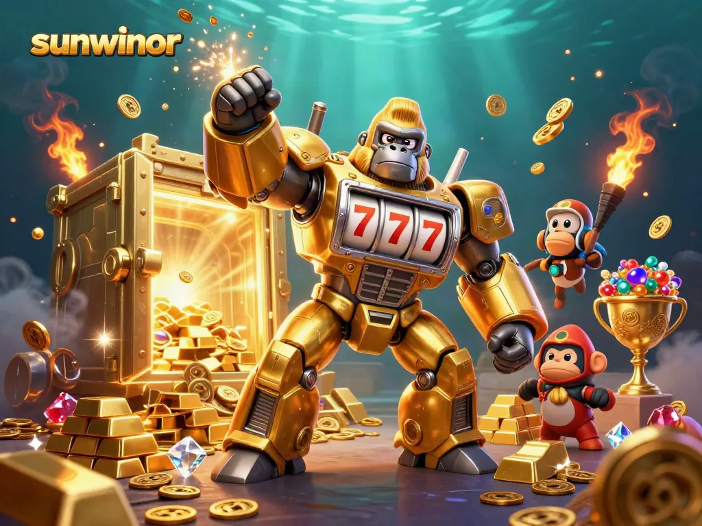 Experience the excitement of sunwinor with a dynamic golden gorilla mech and treasures bursting forth.