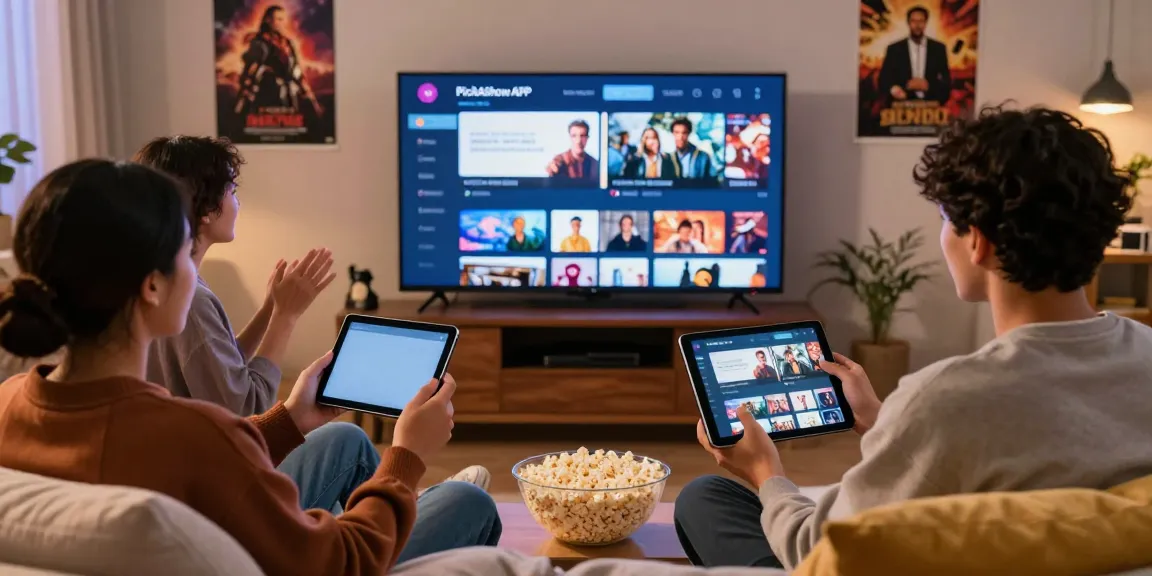 Friends enjoying a movie night with the PickAShow APK streaming app in a cozy living room setting.