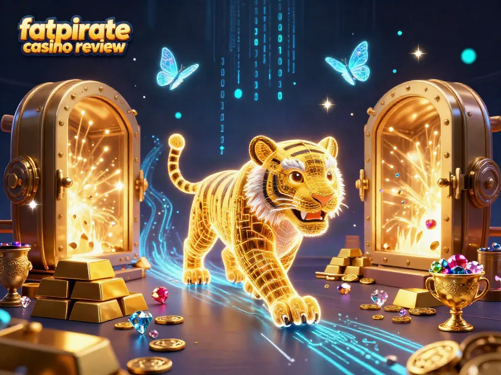 Experience the excitement of the fatpirate casino review with a vibrant 3D casino scene featuring a golden tiger and treasures.