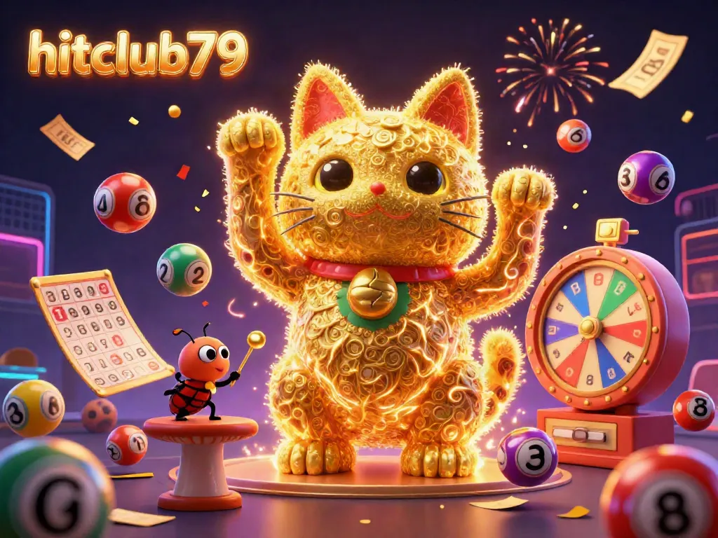 Experience thrilling wins with hitclub79, showcased through a vibrant 3D illustration of a lucky cat and casino symbols.