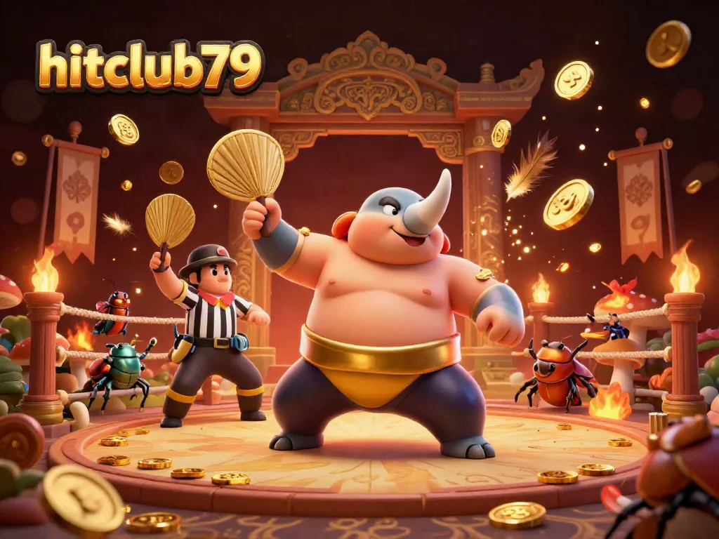 Experience exhilarating action at hitclub79 with a beetle sumo champion amidst swirling gold coins.