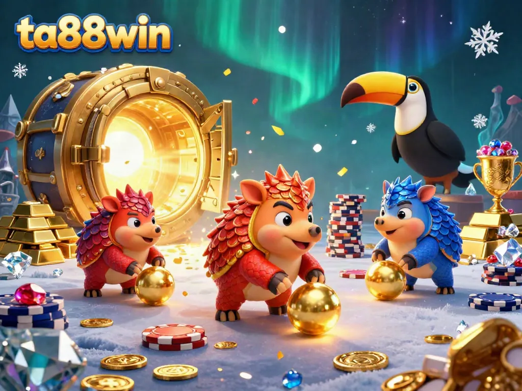Experience lively gameplay in ta88win with pangolins bowling through poker chips amidst dazzling treasures.