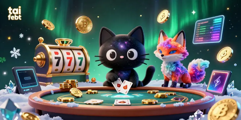 Experience the thrill of "tai febet" with a cosmic casino scene featuring a black hole cat pulling in winning golden chips and vibrant characters.