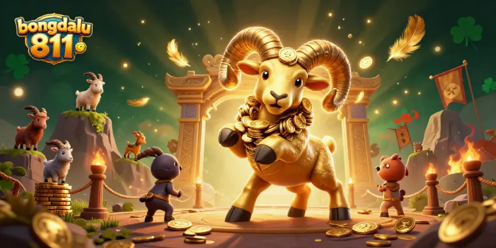 Engage with dynamic Bongdalu 811 scene featuring a golden ram charging through a vibrant casino-themed arena.