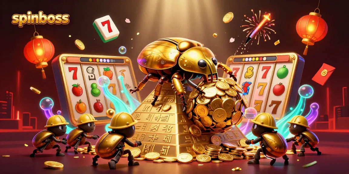 SpinBoss casino showcases winning strategies with stunning gold beetles rolling coins in vibrant 3D illustration