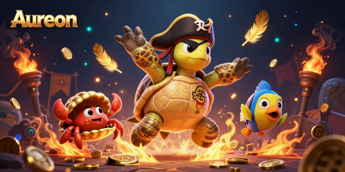 Aureon Casino showcases thrilling gaming with a pirate turtle and friends amidst vibrant treasures.