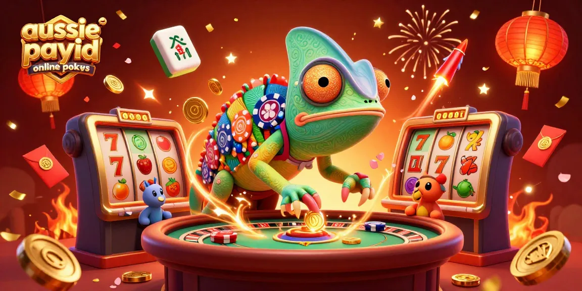 Aussie PayID online pokies scene featuring a chameleon casino owner, lively slot reels, and celebratory elements.