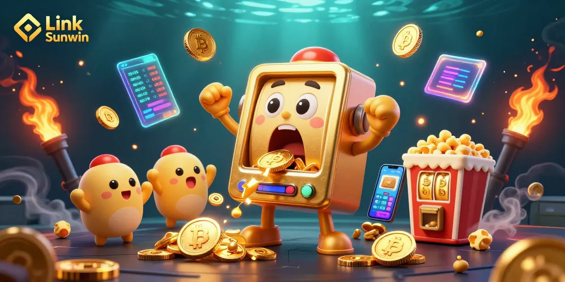 Engage with the thrilling Link Sunwin jackpot experience as a golden slot machine celebrates a big win surrounded by cheerful fans.