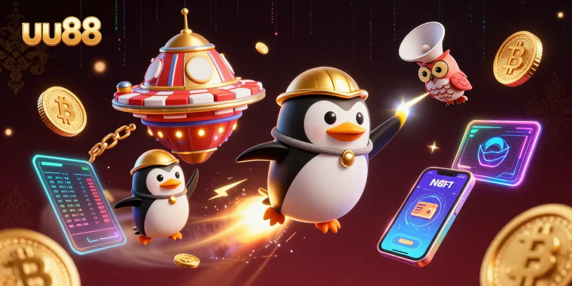 Experience thrilling gaming action at uu88 with a golden penguin and casino elements.