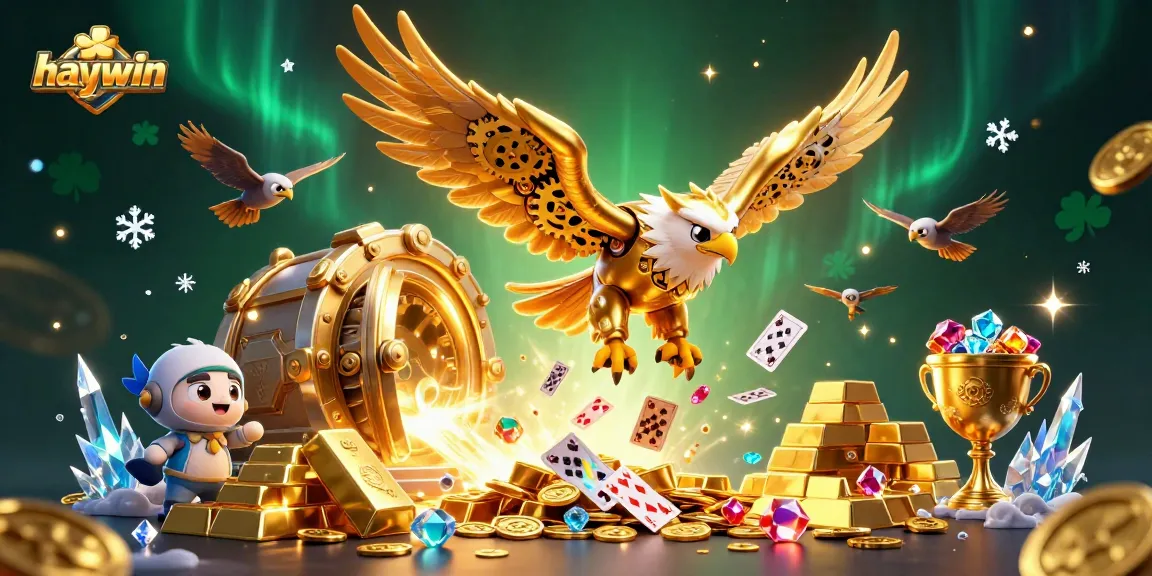 Engage in thrilling gameplay at haywin with a dynamic casino scene featuring a golden eagle and holographic cards.